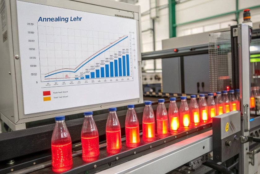 Row of glowing hot bottles exiting annealing lehr with process chart screen