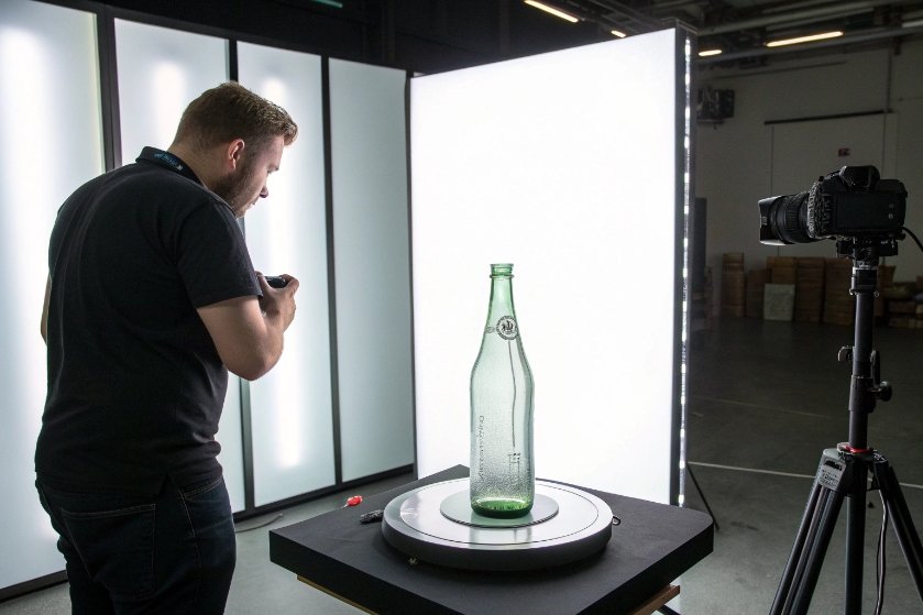 Photographer capturing studio product shots of green glass bottle on rotating turntable