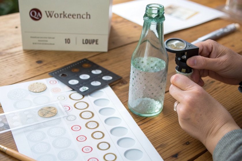 Quality inspector using loupe to examine patterned glass bottle against defect reference charts