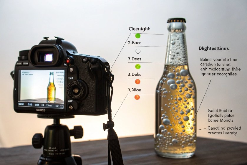 Digital camera previewing carbonated drink bottle while overlay explains bubble acceptance criteria