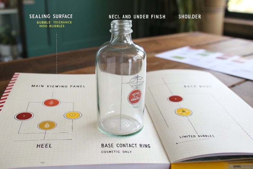 Clear glass bottle on specification charts showing allowable bubble zones and sealing surfaces