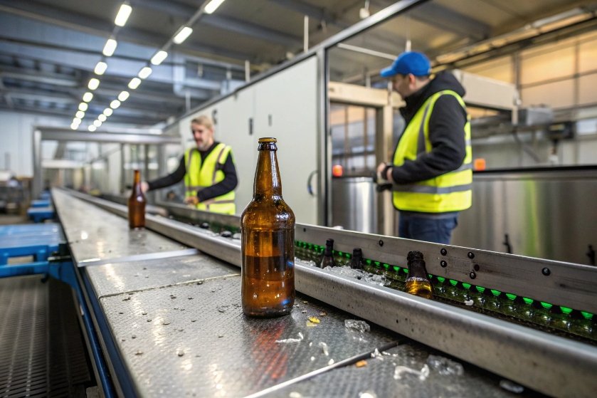 Workers inspect brown beer bottles and broken glass on conveyor in glass bottle plant