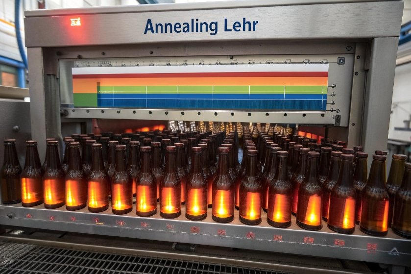 Amber beer bottles exiting annealing lehr furnace with temperature profile display above conveyor