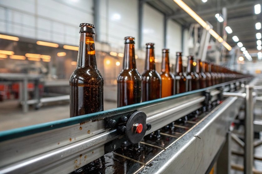 Row of brown beer bottles moving along automated filling conveyor in brewery plant