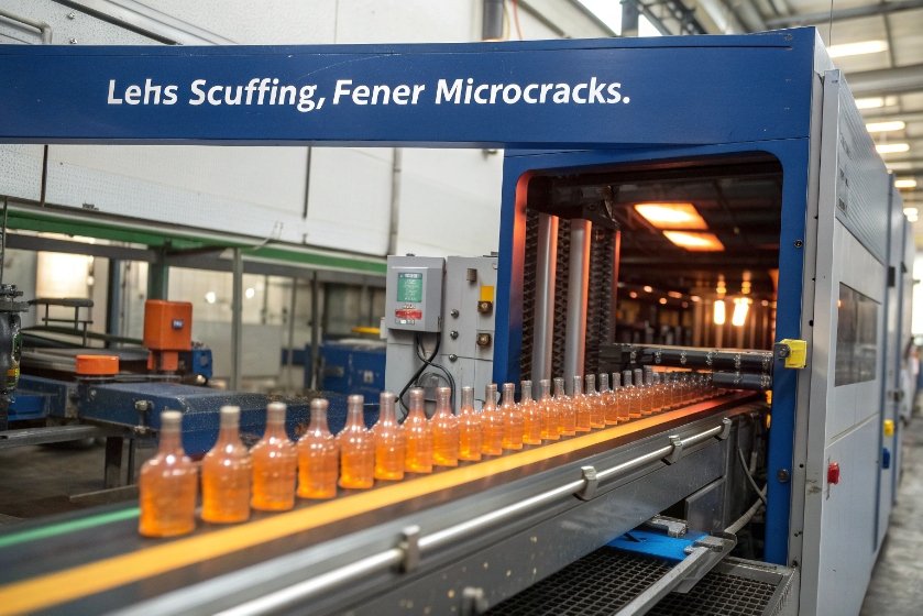 Hot glass bottles pass through inspection machine checking for scuffing and microcracks on conveyor