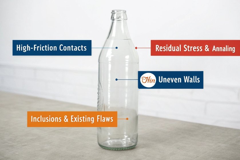 Clear glass bottle diagram highlighting high friction contacts residual stress uneven walls and inclusions