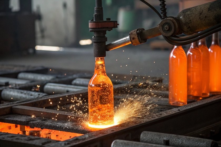 Molten glass bottle under forming machine with sparks flying on production line