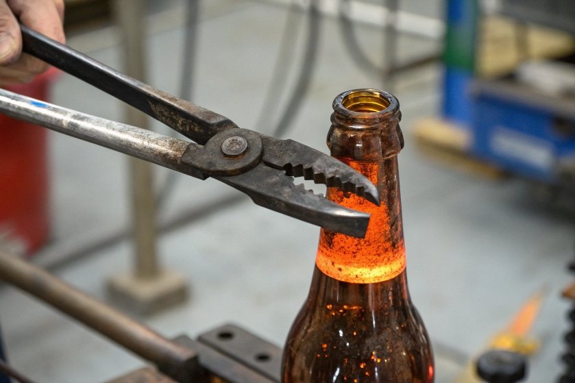 Pliers inspecting red hot glass bottle finish during quality control