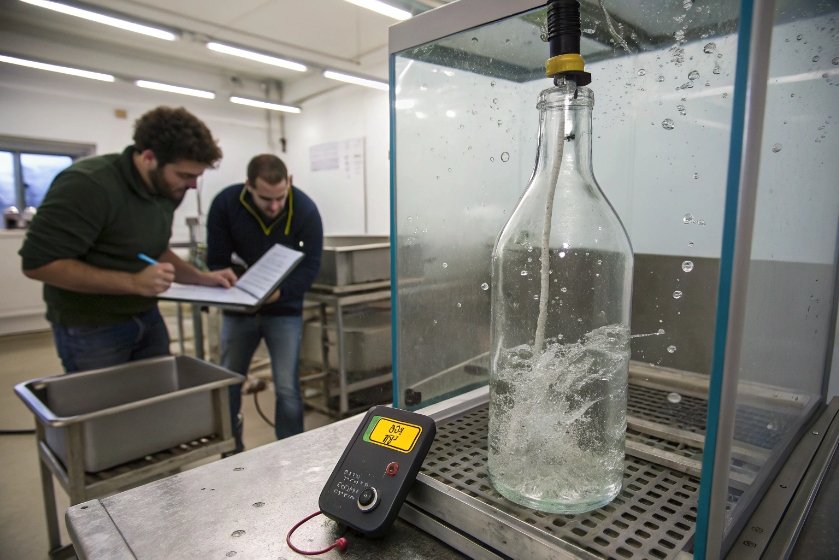 Engineers pressure testing glass bottle in water tank with digital gauge