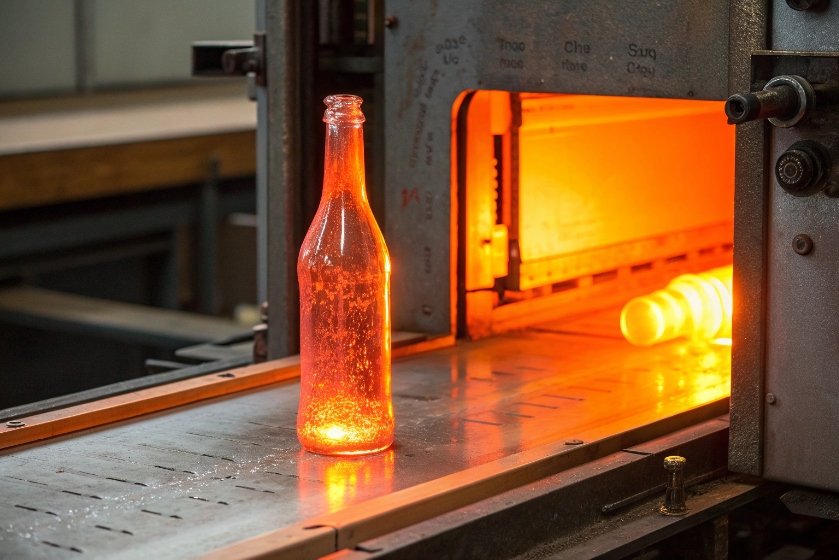 Glowing hot glass bottle entering annealing furnace tunnel on conveyor