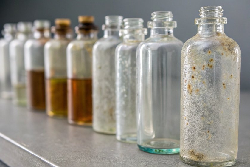 Row of clear glass bottles showing internal staining and weathering defects