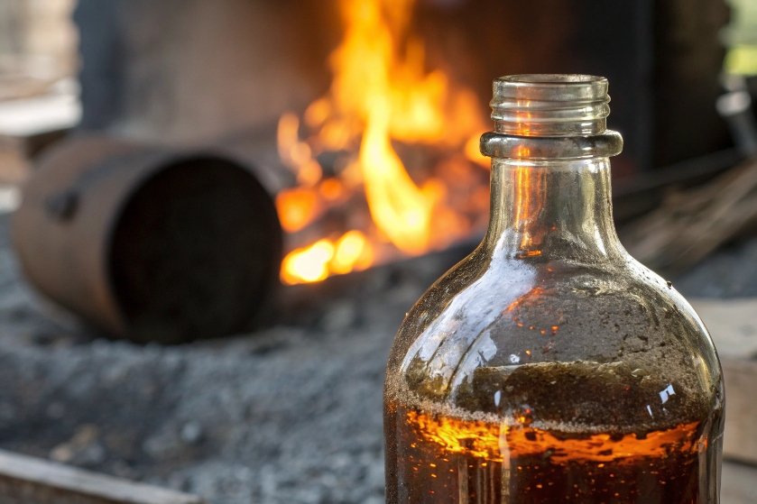 Brown glass bottle with residue standing near furnace flames outdoors