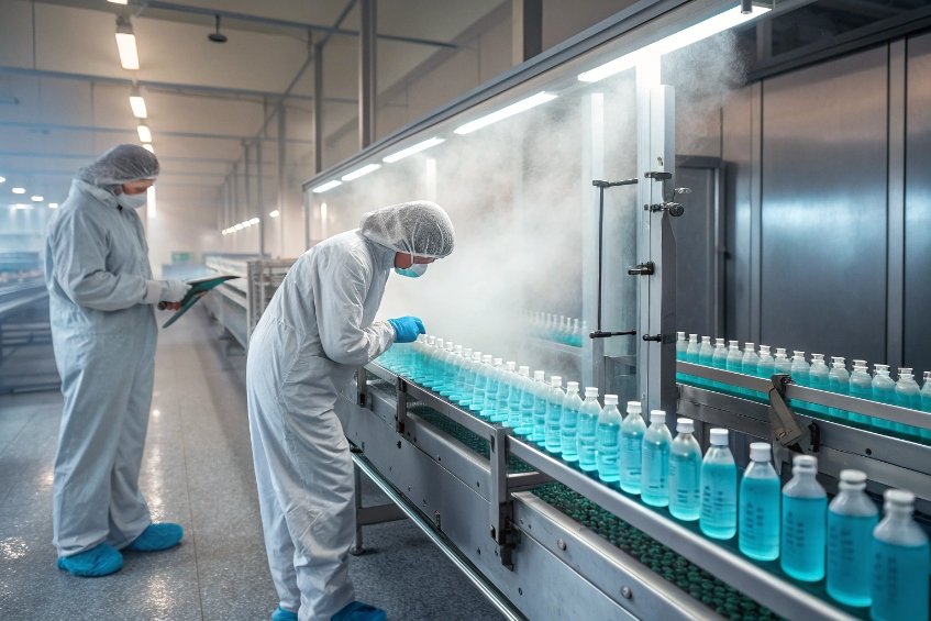 Workers in protective gear overseeing the production line of glass bottles