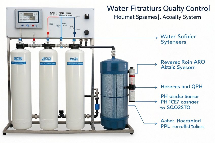 Water filtration quality control system in a factory setting