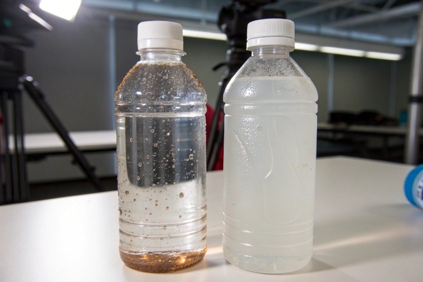 Comparison of water bottles with clear and cloudy liquids