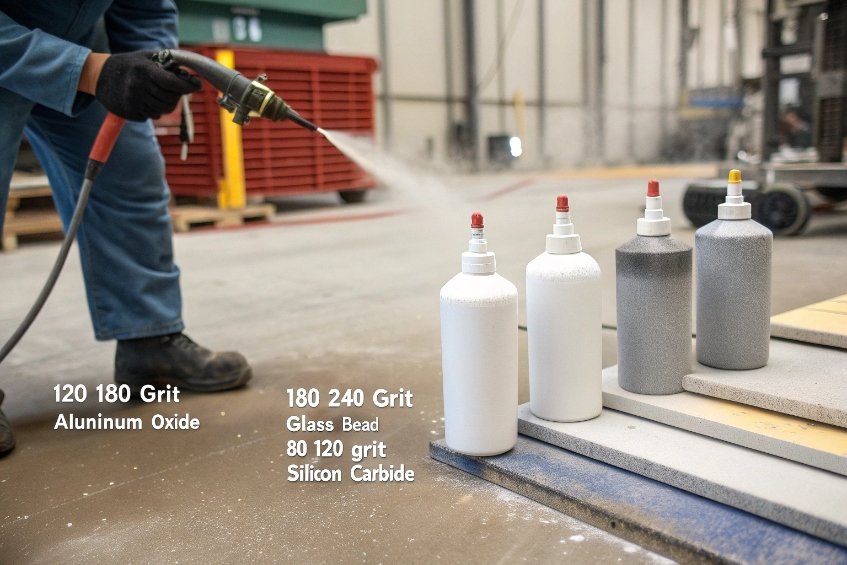 Sandblasting glass bottles with different grit sizes