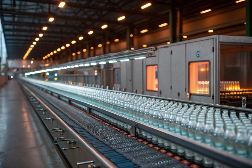 Glass bottles in production line under heat