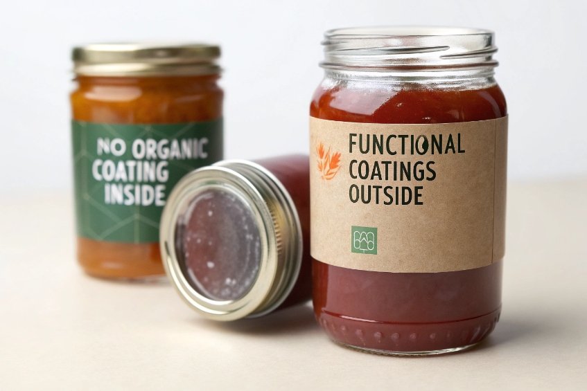 Glass jars with coatings labeled outside and inside