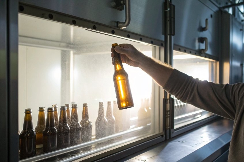 worker inspecting amber glass beer bottle under light in quality control