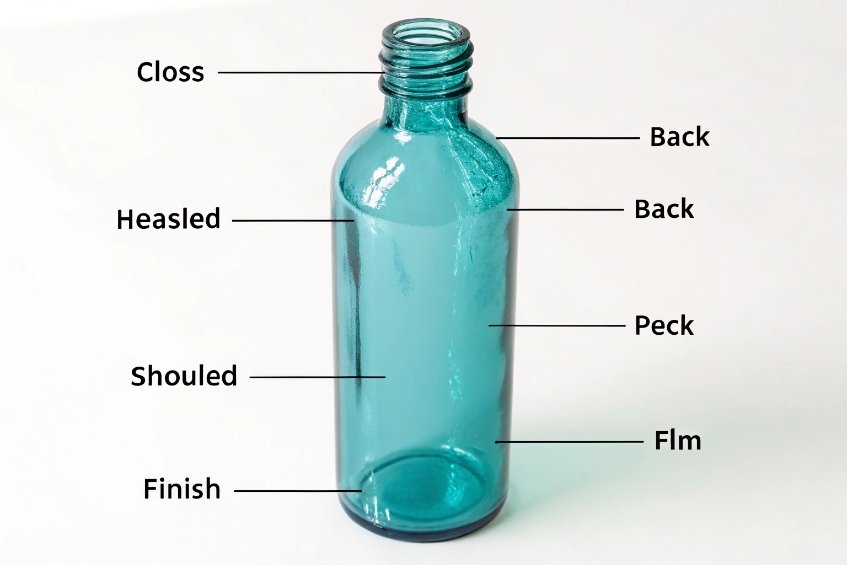 blue glass bottle diagram with labeled body parts on white background