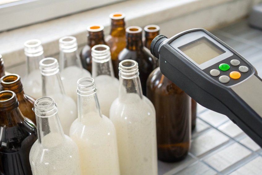 instrument measuring surface coating on clear and amber glass bottles