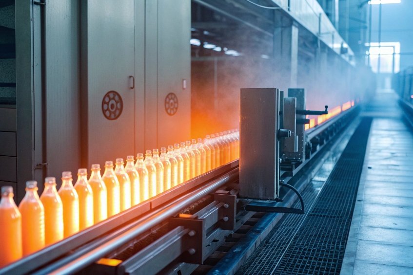 glowing hot glass bottles moving through furnace on automated production conveyor