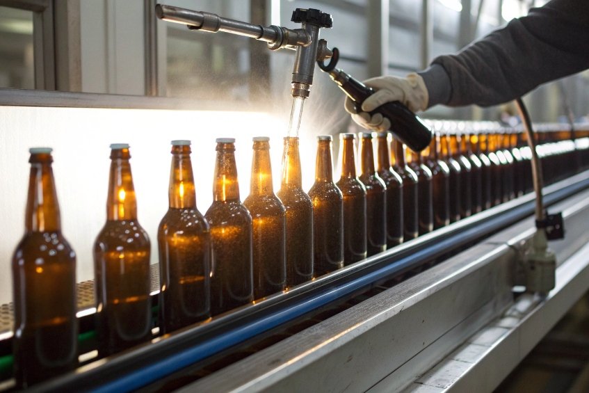 worker rinsing amber glass beer bottles on illuminated conveyor washing station
