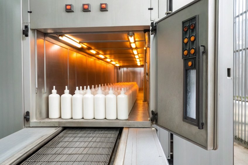 white coated bottles entering industrial curing oven on metal conveyor belt