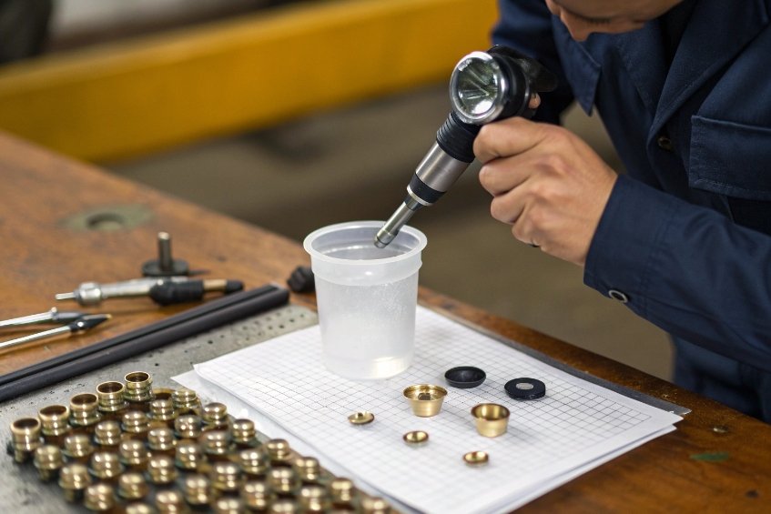 technician testing metal bottle closures with measuring device at quality control station