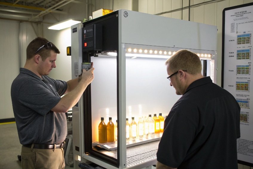 two technicians inspecting illuminated amber glass bottles in laboratory light box