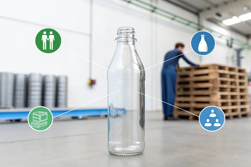clear glass beverage bottle with sustainability icons in modern factory warehouse background