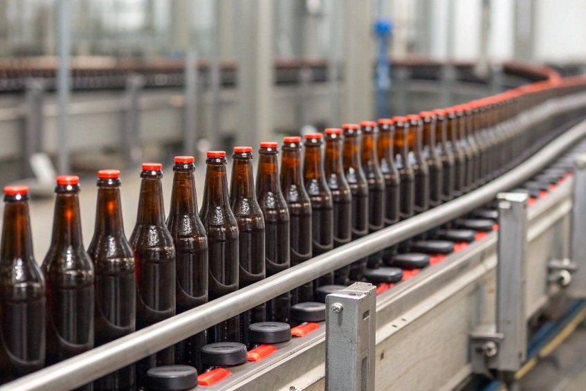 long row of brown beer bottles moving along automated conveyor in bottling plant