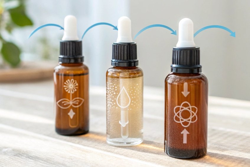 three glass dropper bottles with cosmetic serum and icons on wooden table