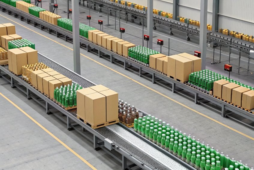 automated conveyor with cardboard boxes and bottled beverages in large packaging warehouse