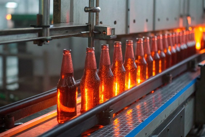 hot amber beer bottles being cooled with spray on production line