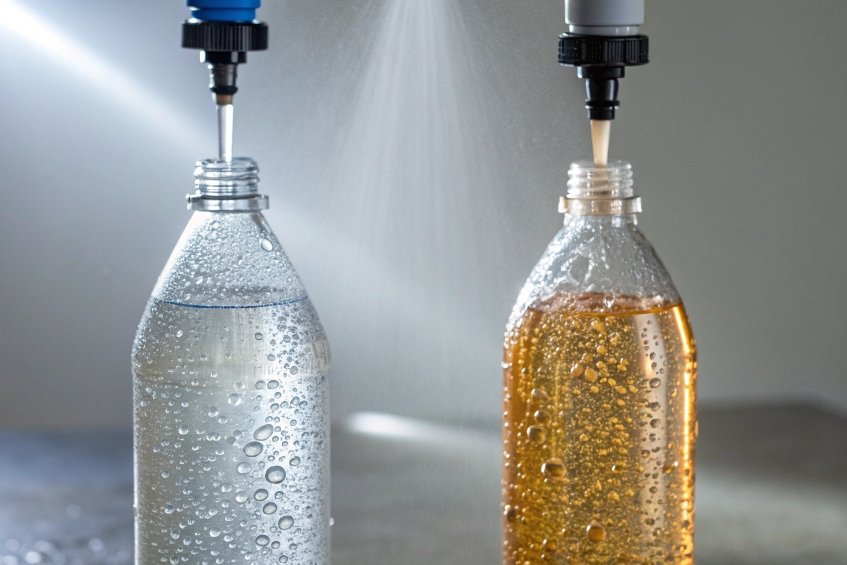 internal coating process on clear and amber bottles with automated spray nozzles