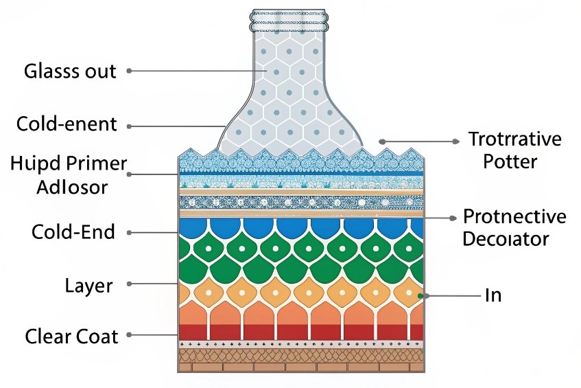 illustrated cross section of coated glass bottle showing decorative and protective layers