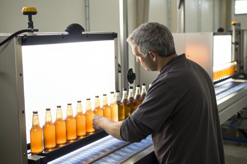 technician inspecting filled glass beer bottles on illuminated conveyor for quality control