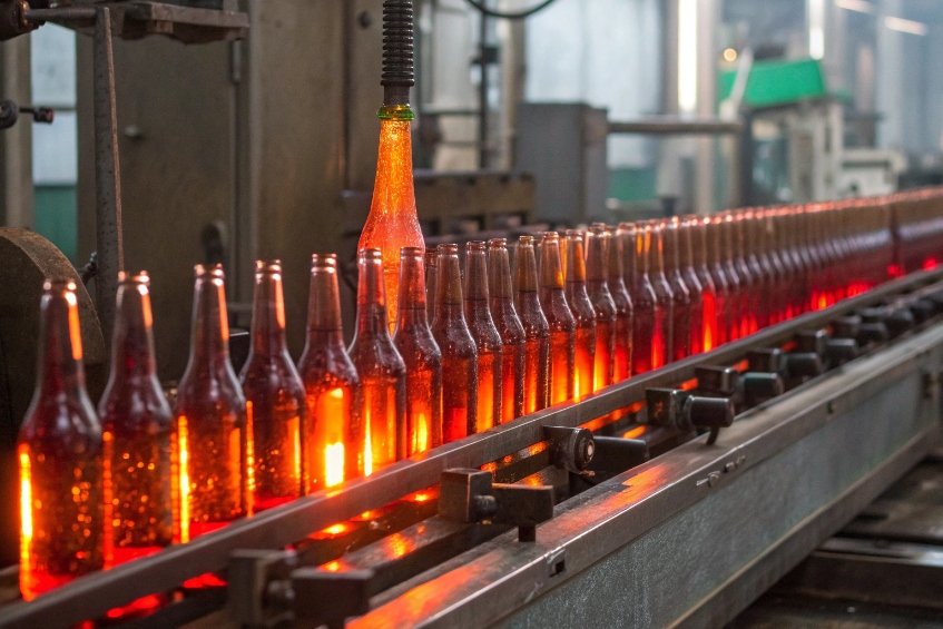 row of hot amber bottles on conveyor with one faulty oversized bottle