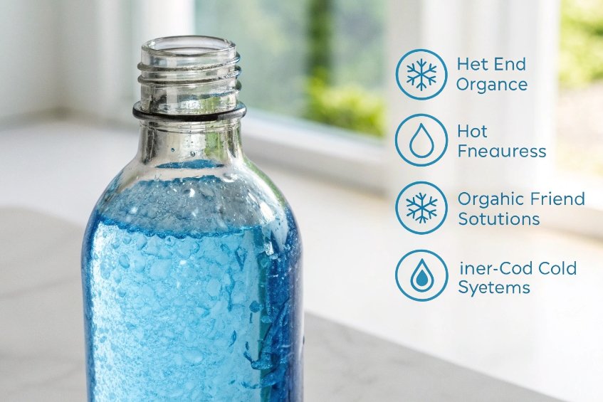 clear glass bottle with blue liquid and infographic icons for hot cold features