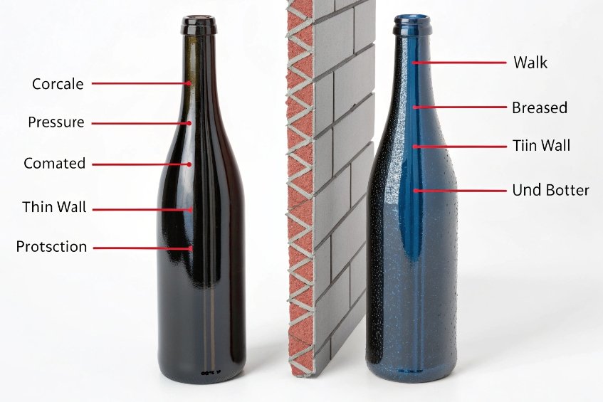 comparison of two coated wine bottles separated by brick impact resistance panel diagram