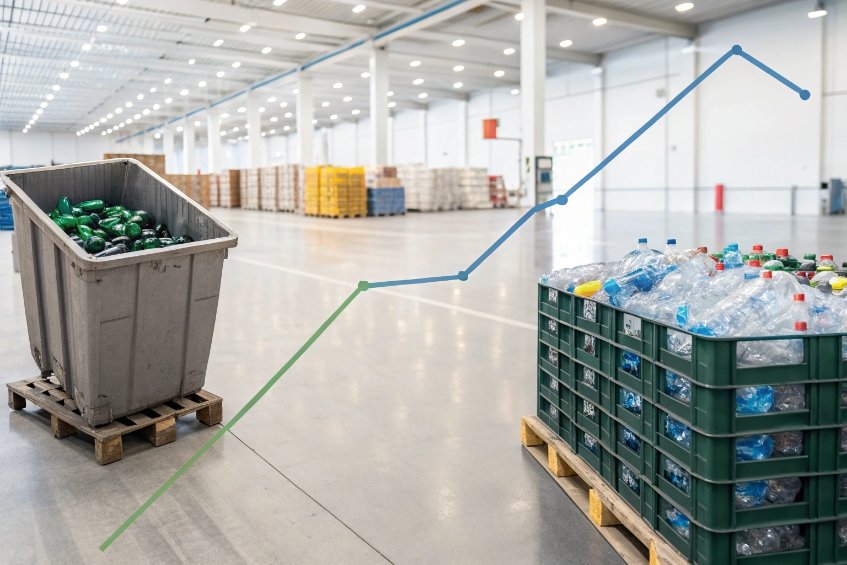 recycling warehouse with containers of used bottles and overlaid rising efficiency graph