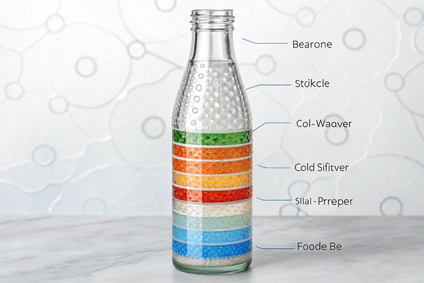 diagram of coated glass beverage bottle showing multiple colorful barrier layers