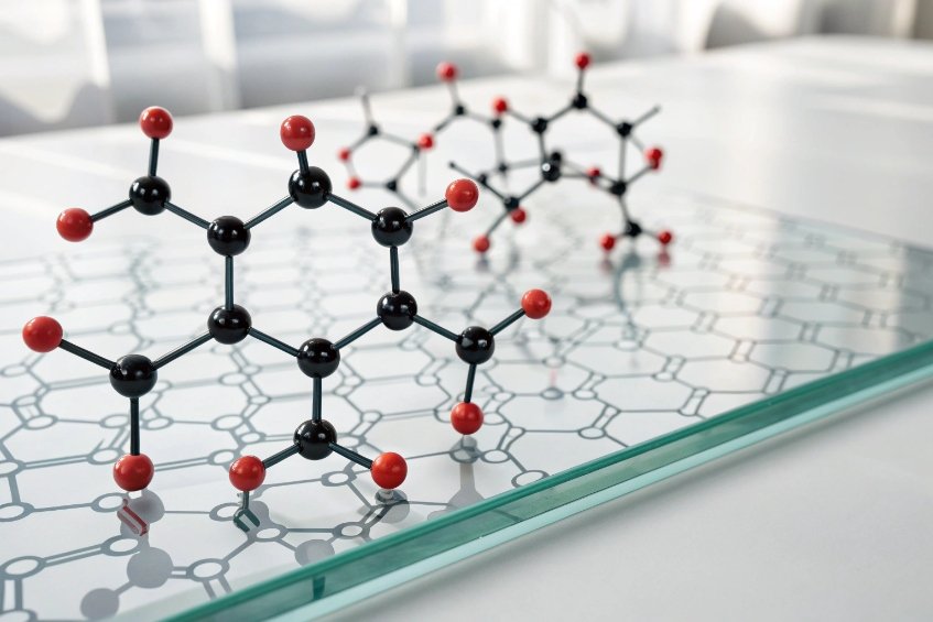 scientific molecular models displayed on patterned glass plate in laboratory light