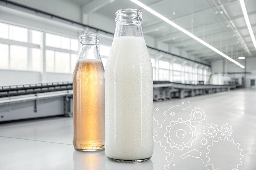 glass milk and juice bottles standing in bright automated beverage factory hall