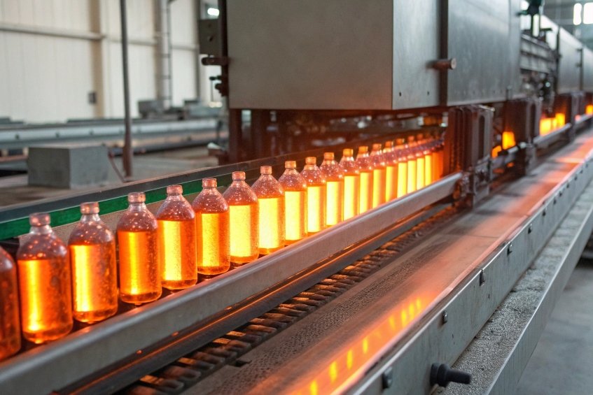 row of glowing hot glass bottles moving through furnace on production conveyor