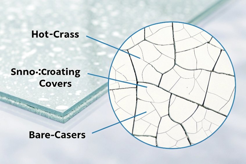 coated glass panel cross section with magnified crack pattern diagram and labels