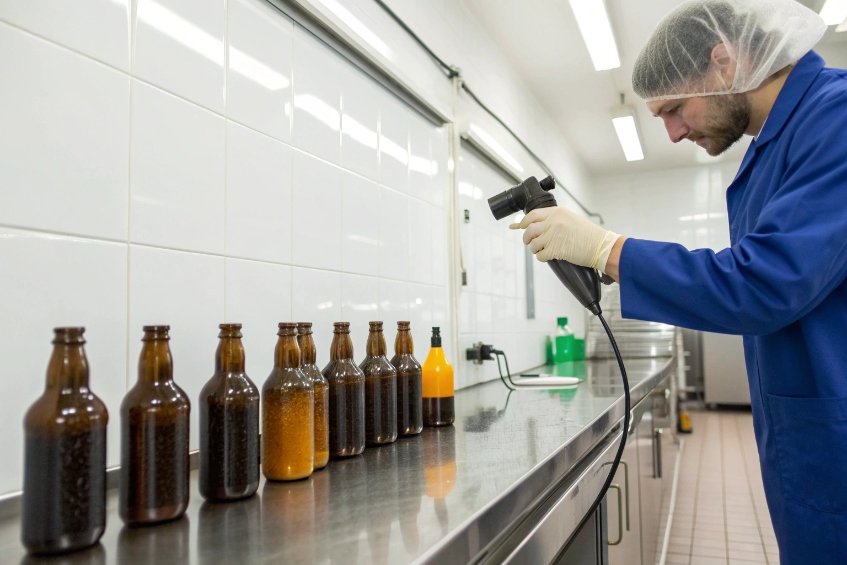 lab technician inspecting filled amber bottles with handheld device in hygienic room