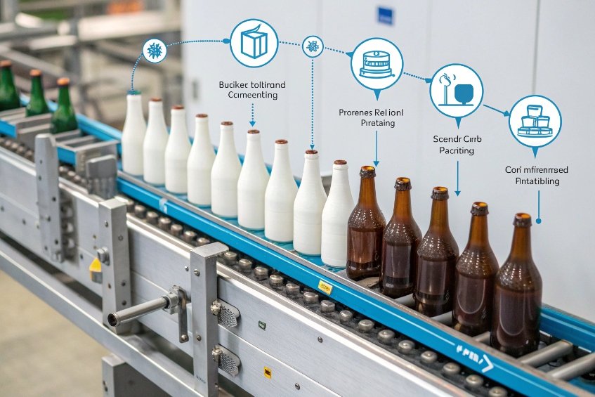 coated white and brown glass bottles moving on conveyor with process infographic icons