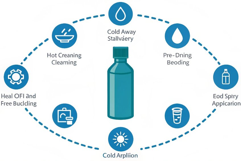 infographic of glass bottle processing stages and applications around blue bottle icon